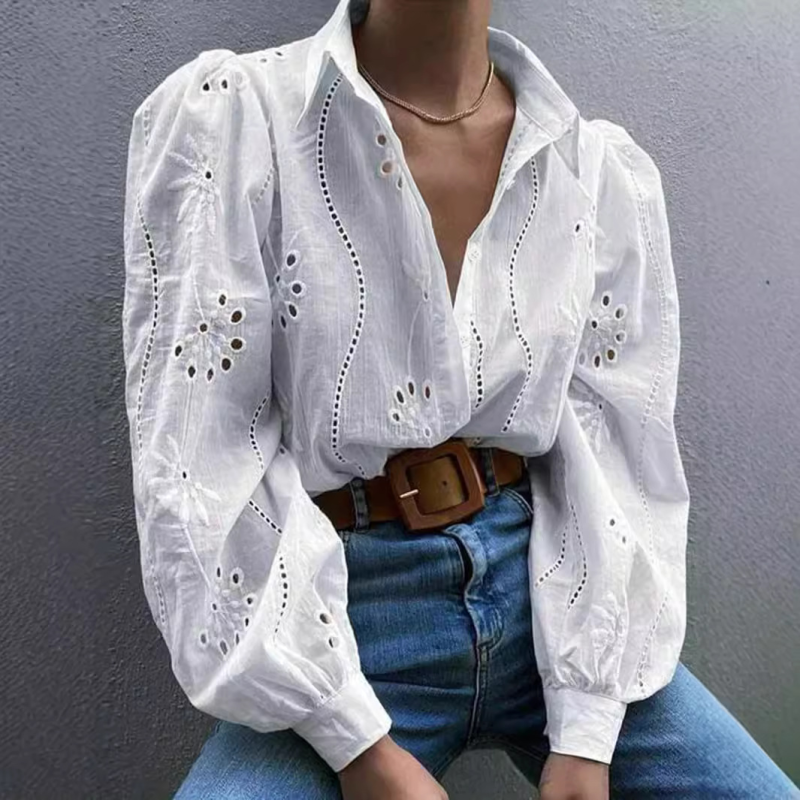 New Single Breasted Solid Color Embroidered Long Sleeve Lapel Shirt