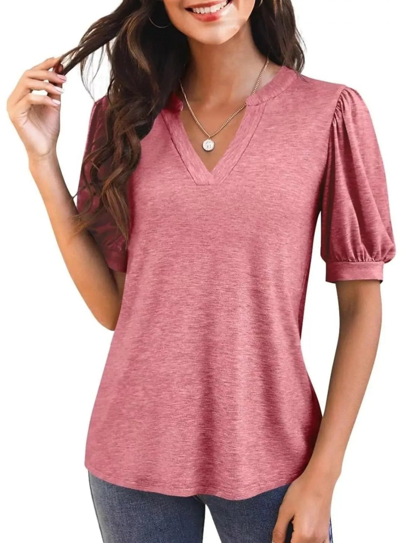 Puff Sleeve Notched Casual T-Shirt