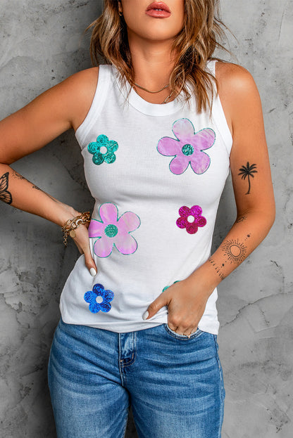 Sequin Flower Round Neck Tank