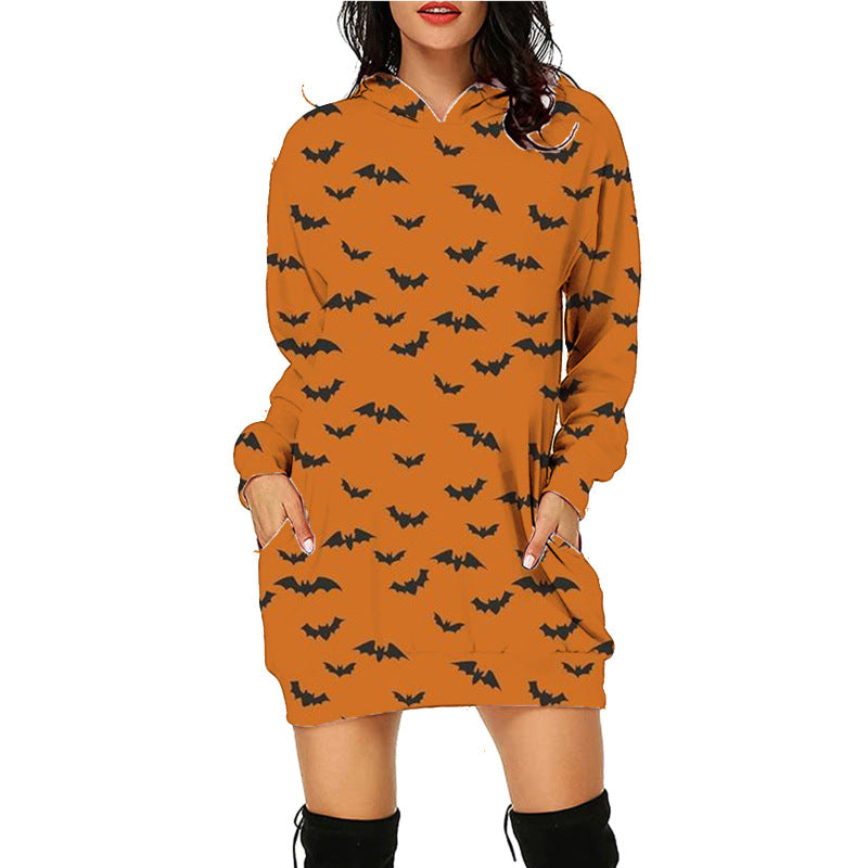 Sweat-shirt manches longues à capuche et poche mi-longue imprimé Halloween 