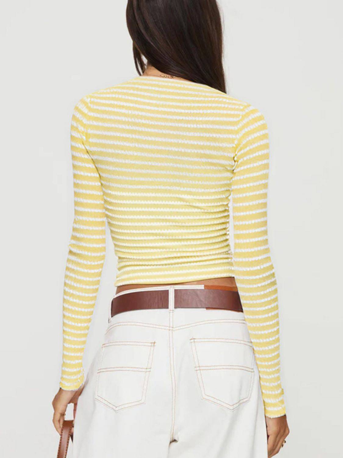 Yellow striped square neck long sleeve t-shirt, back view