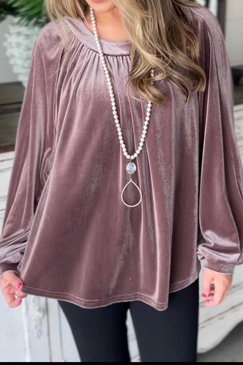 Ruched Round Neck Raglan Sleeve Blouse