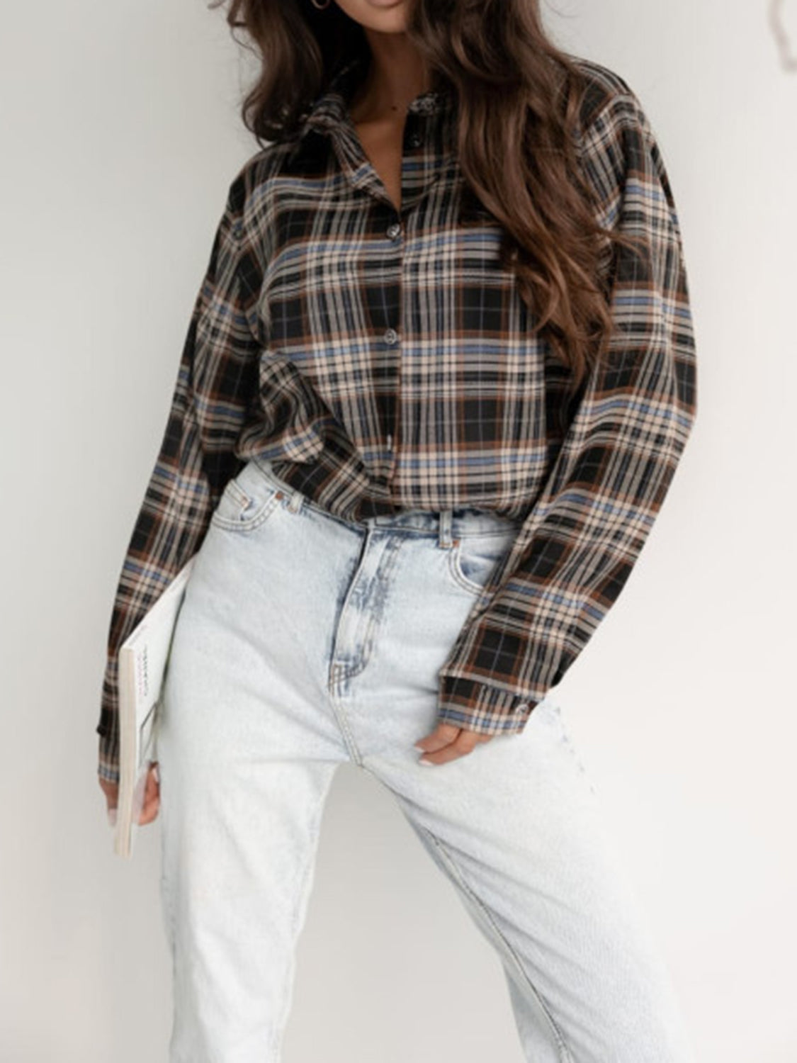 Plaid Collared Neck Long Sleeve Shirt