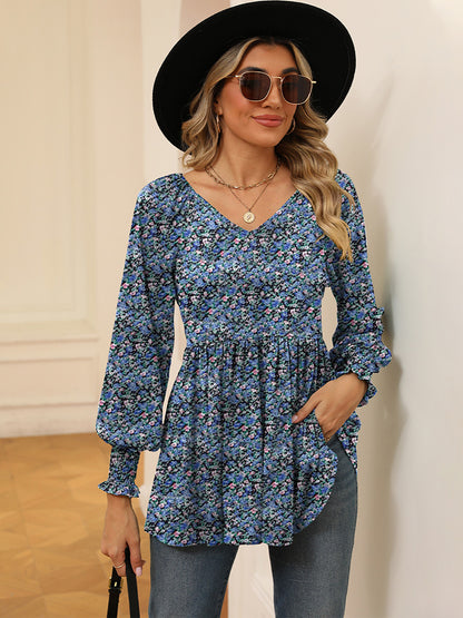 Printed V-Neck Lantern Sleeve Blouse