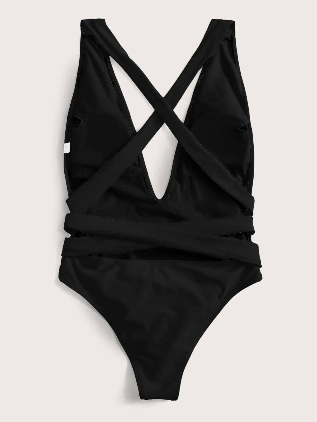 Back view of black tied one-piece swimsuit