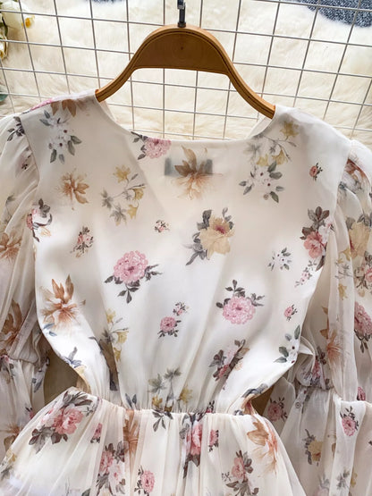 Floral Print Chiffon Balloon Sleeve Blouse
