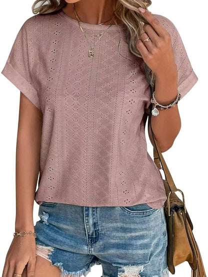 Eyelet Round Neck Short Sleeve Top