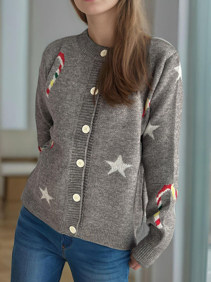 Candy Cane &amp; Star Button Down Long Sleeve Cardigan