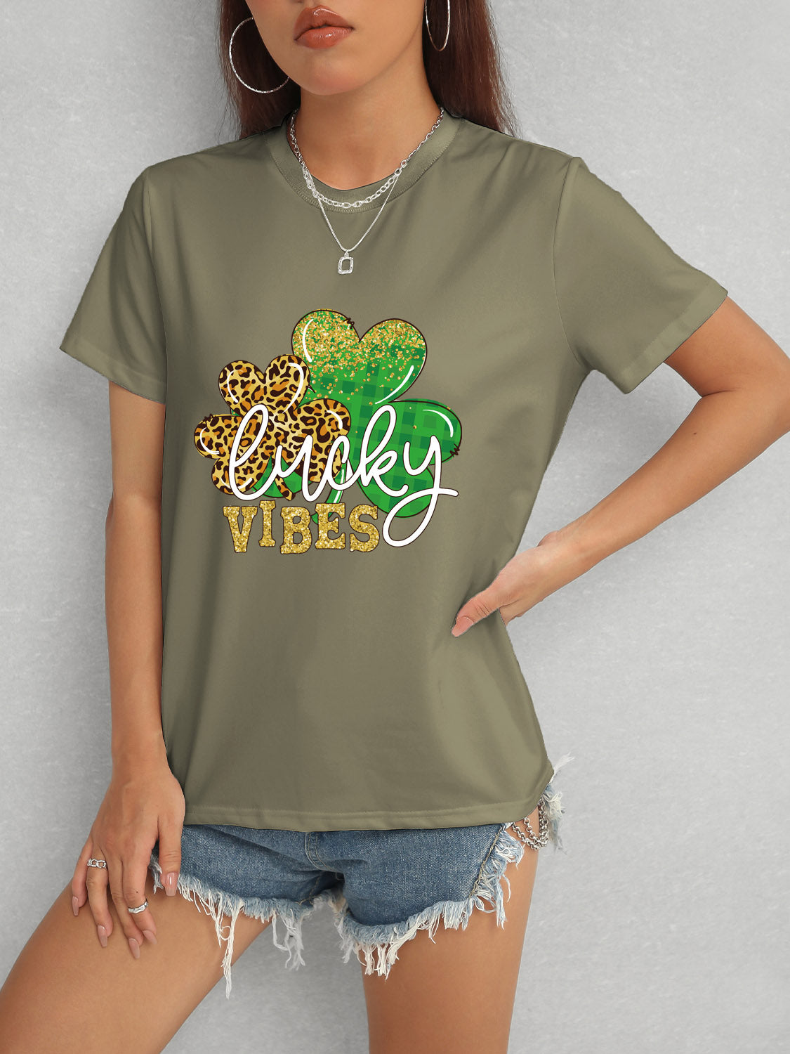 LUCKY VIBES Round Neck Short Sleeve T-Shirt