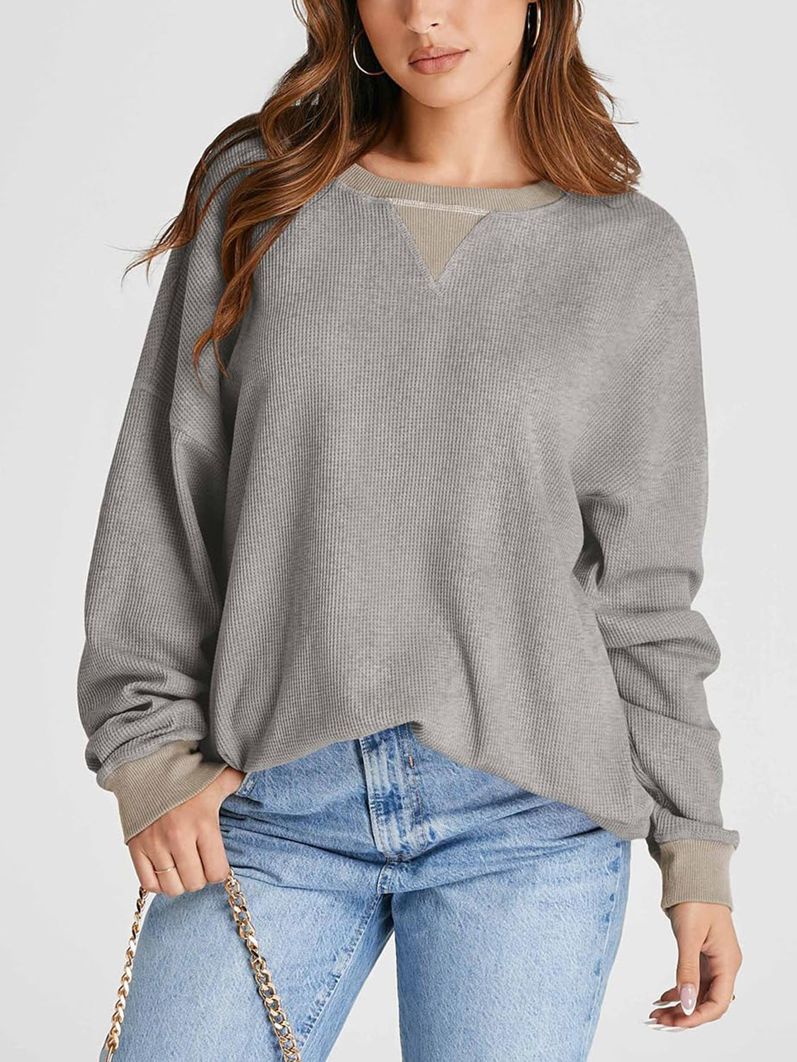 Waffle Knit Round Neck Long Sleeve T-Shirt