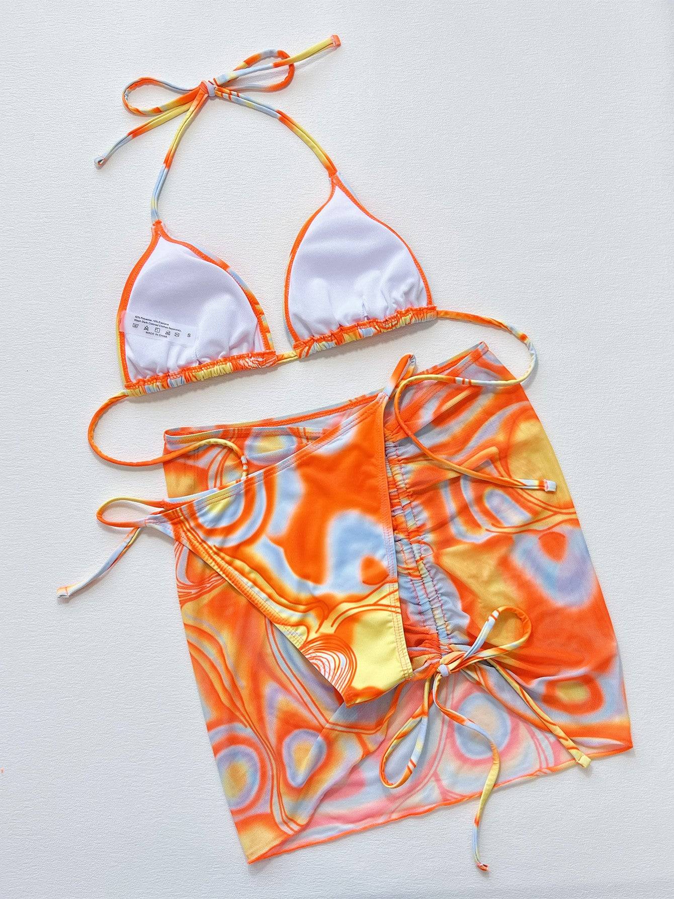 Reverse side of multicolored bikini set laid flat.