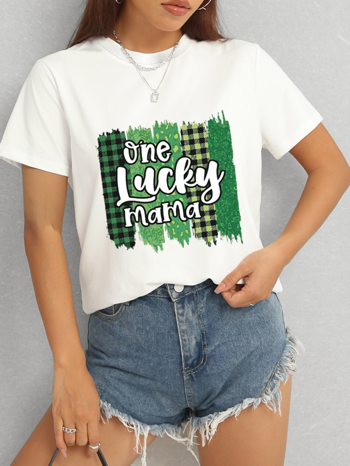 ONE LUCKY MAMA Round Neck T-Shirt