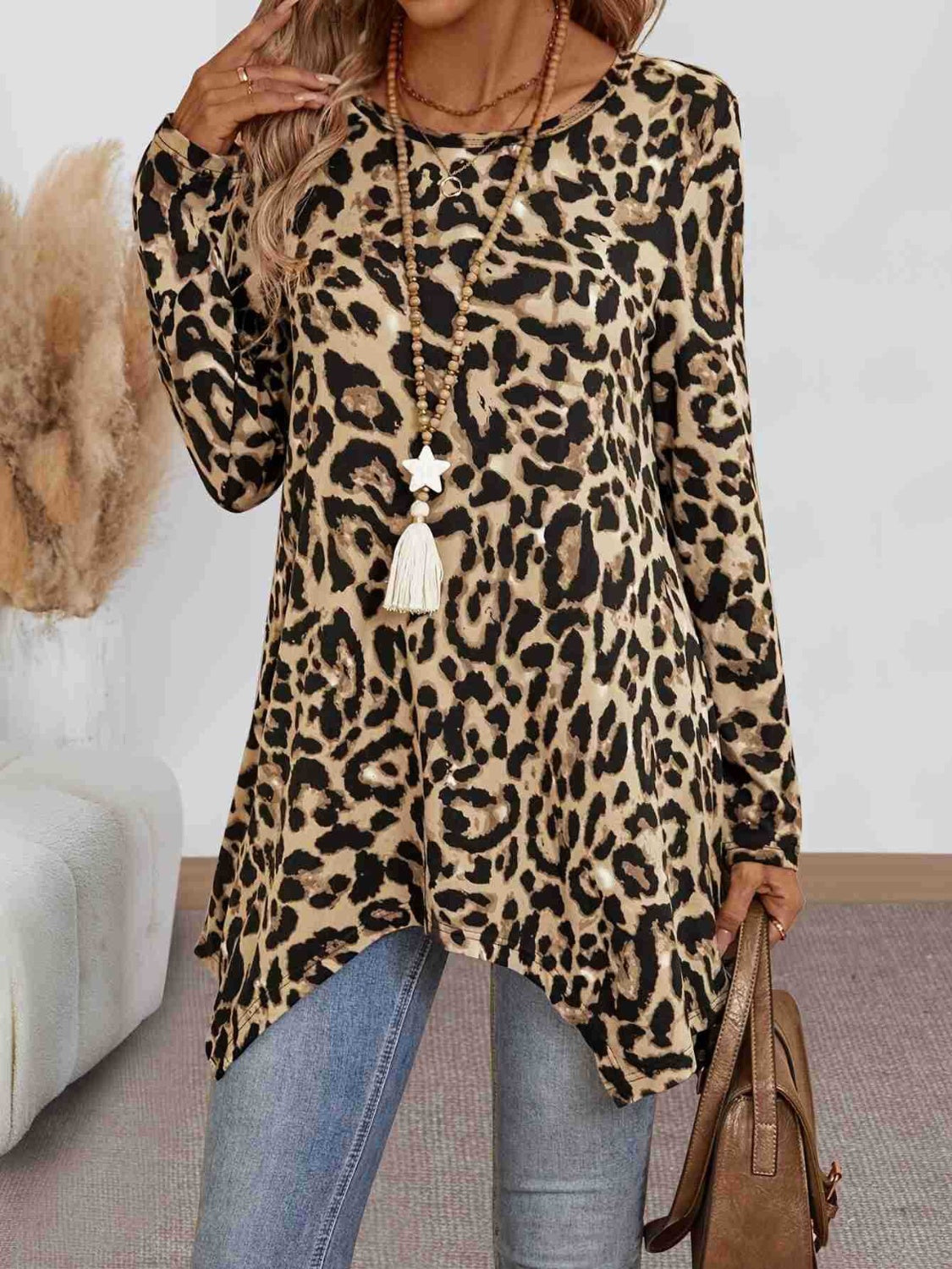 Leopard Round Neck Long Sleeve T-Shirt