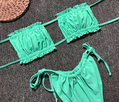 Green frill trim ruched bikini set close-up