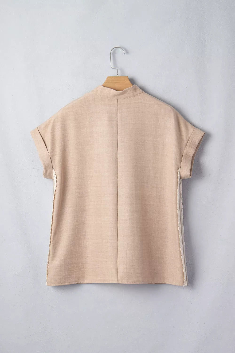Crochet Lace Accent Pullover Rolled Short Sleeve Blouse