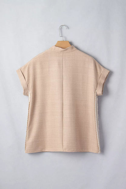 Crochet Lace Accent Pullover Rolled Short Sleeve Blouse