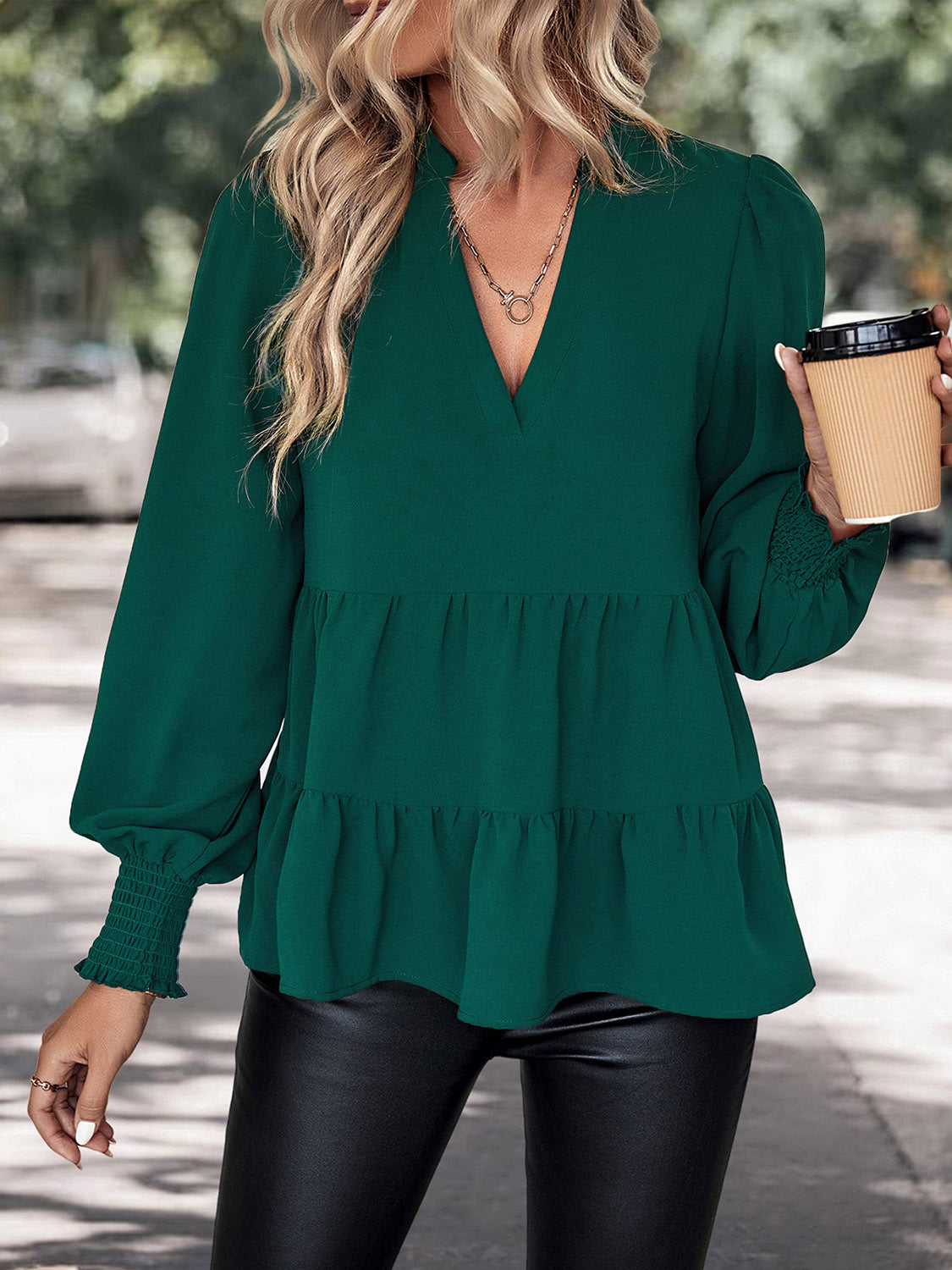 Perfee Notched Neck Lantern Sleeve Blouse