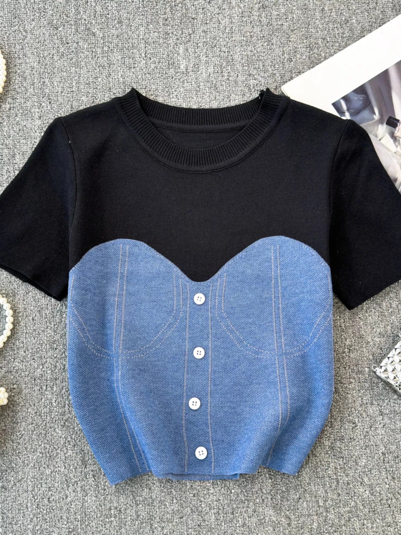 Color Block Short Sleeve Knit T-Shirt