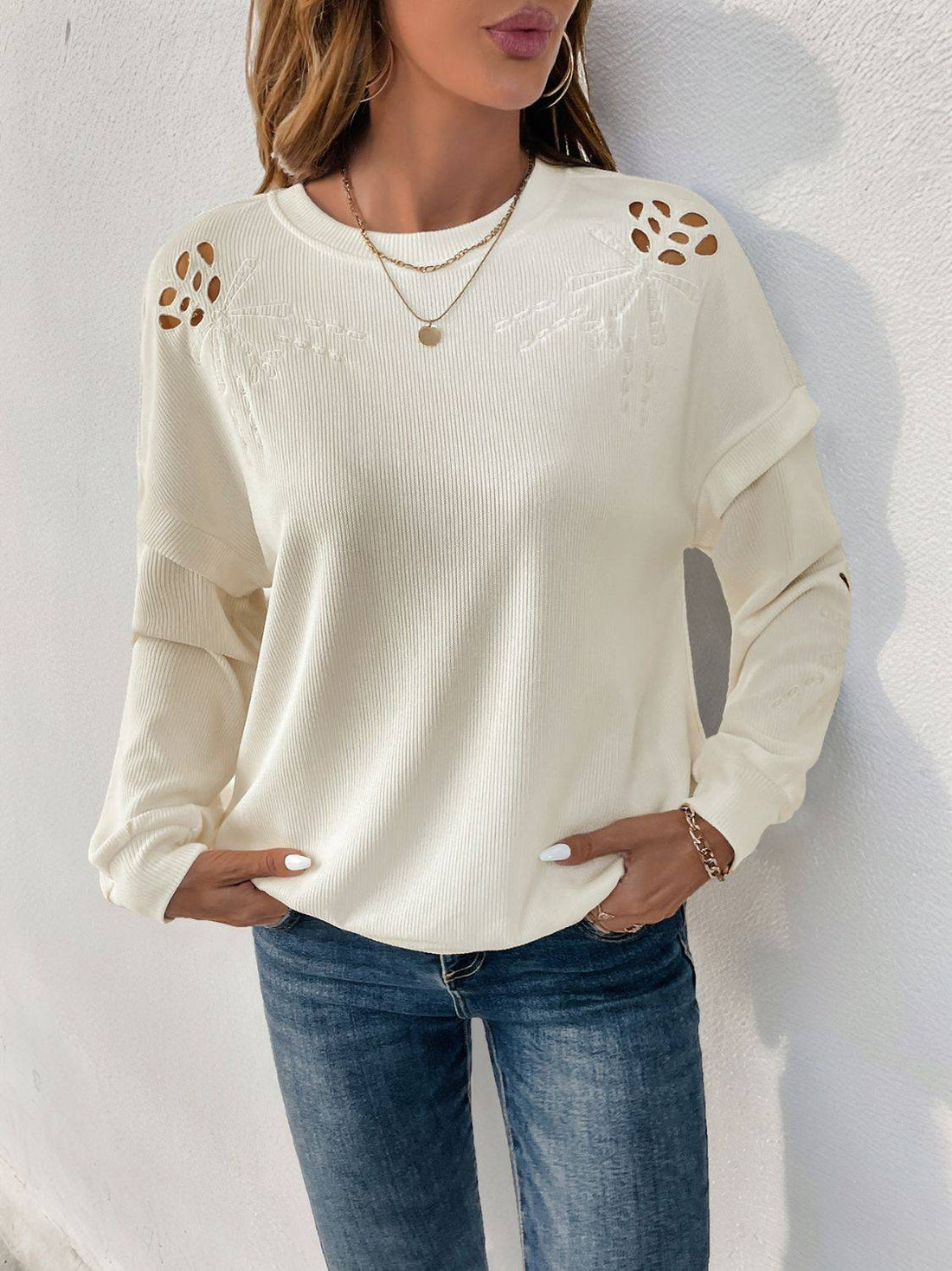 Perfee cutout round neck long sleeve sweatshirt front view