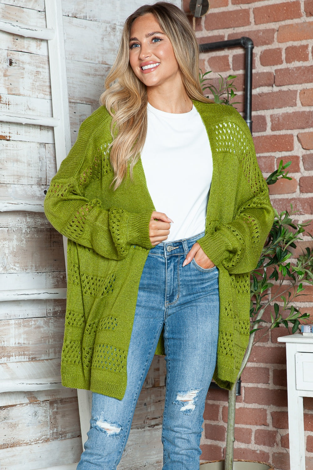 Openwork Open Front Long Sleeve Cardigan