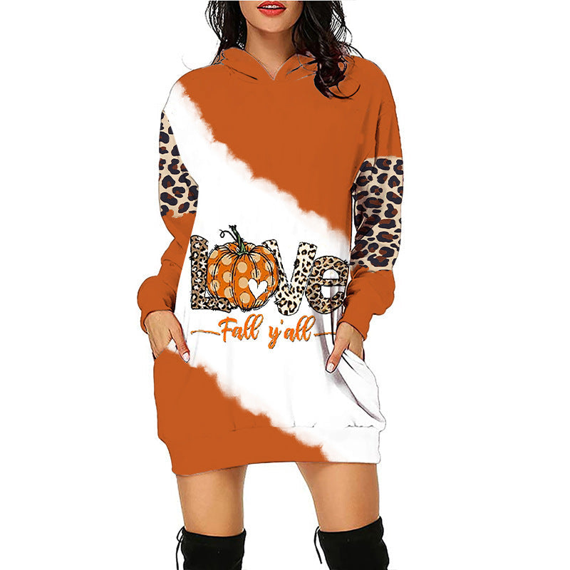 Halloween print mid-length pocket hooded long-sleeved sweatshirt