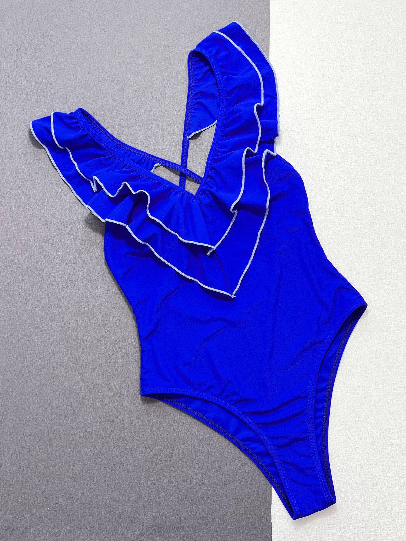 Blue ruffled crisscross swimsuit laid flat front