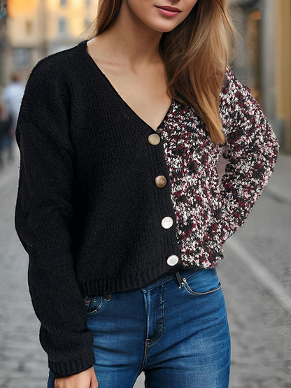 Contrast Button Up V-Neck Cropped Cardigan