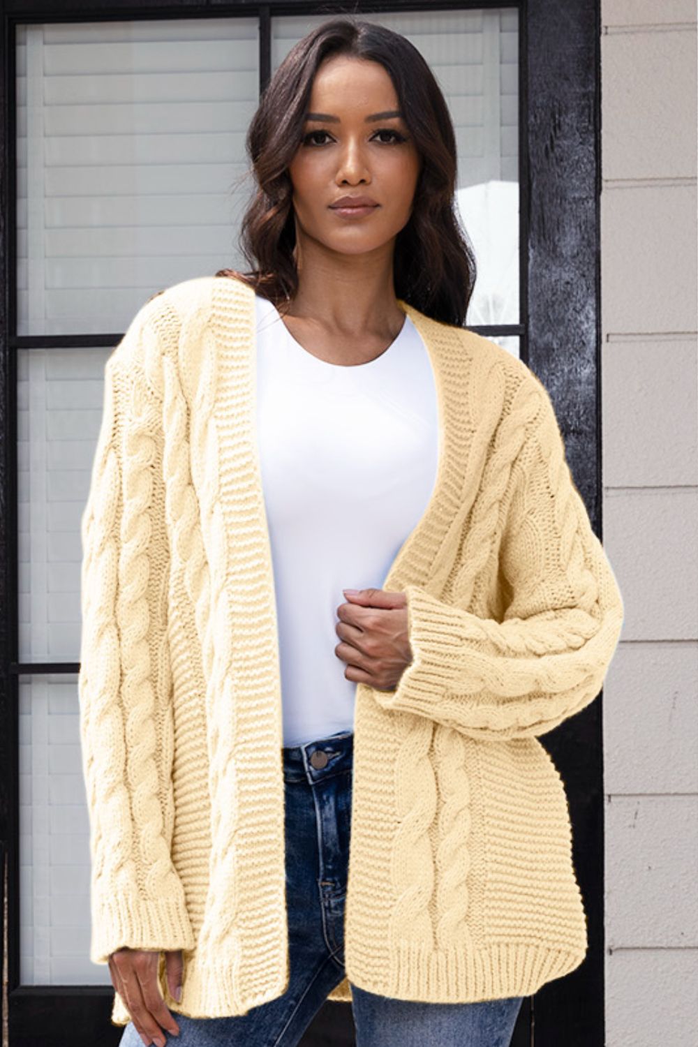 Open Front Cable-Knit Cardigan