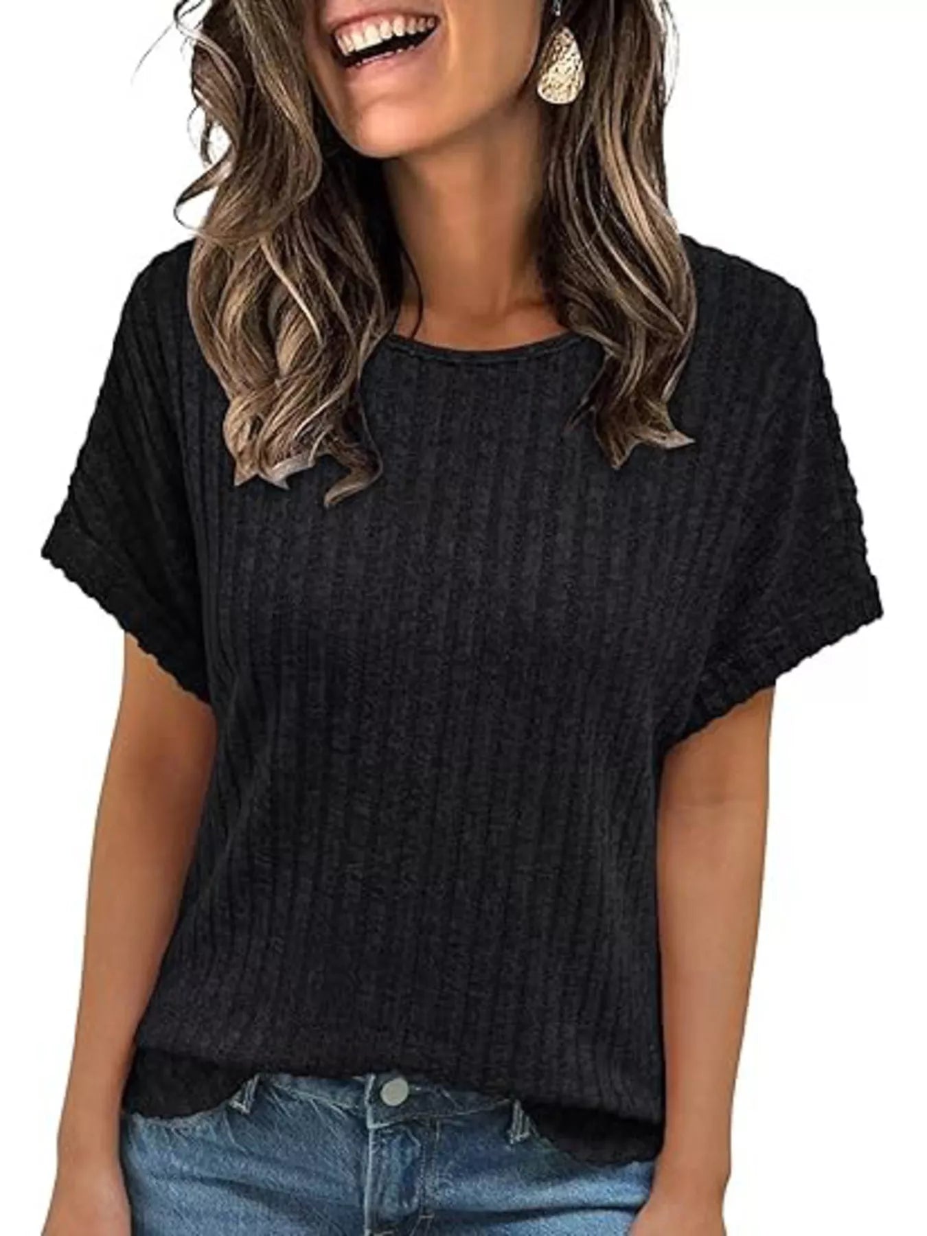 Casual Ribbed Knit Short Sleeve T-Shirt