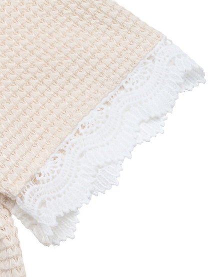 Lace Trim Waffle Knit T-Shirt