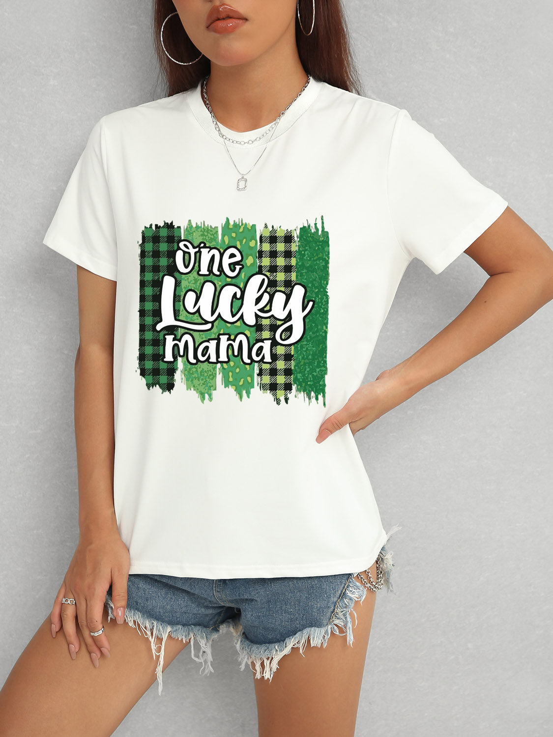 ONE LUCKY MAMA Round Neck T-Shirt