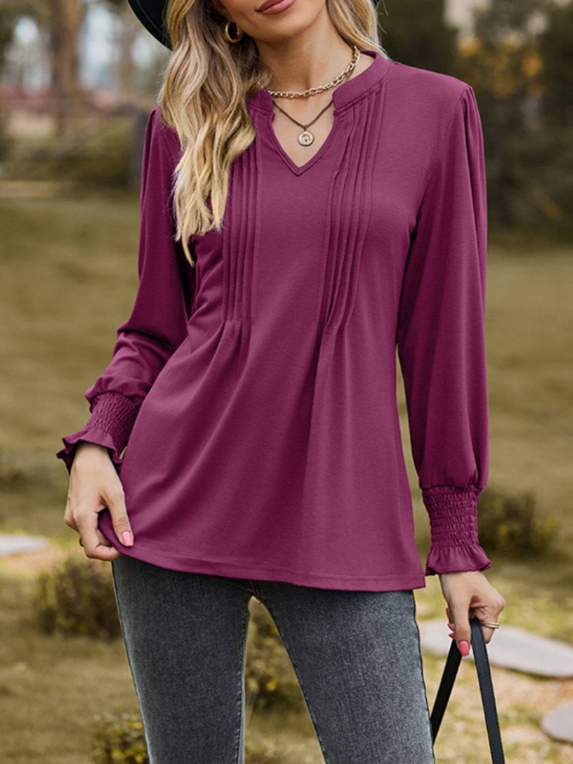 Purple ruched notched long sleeve T-shirt front view