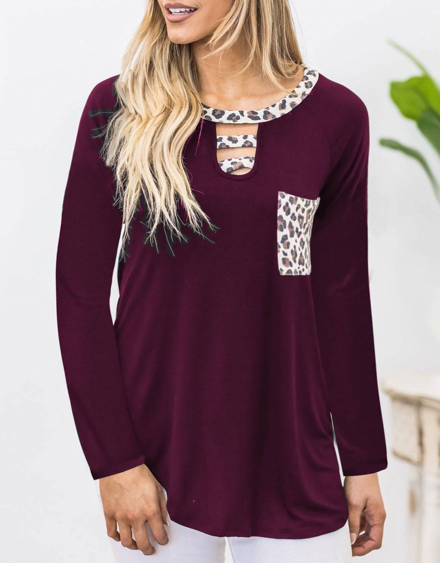 Burgundy leopard print pocket long sleeve t-shirt