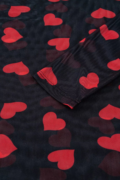 Valentines Heart Printed Sheer Mesh Long Sleeve Top