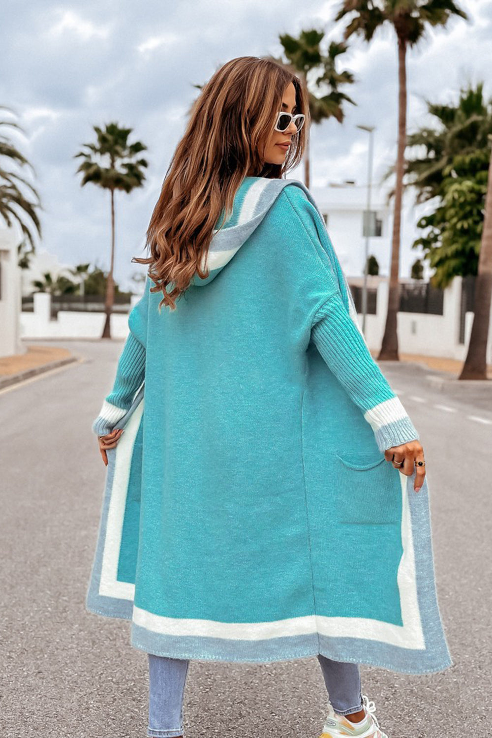 Pocketed Contrast Long Sleeve Hooded Cardigan