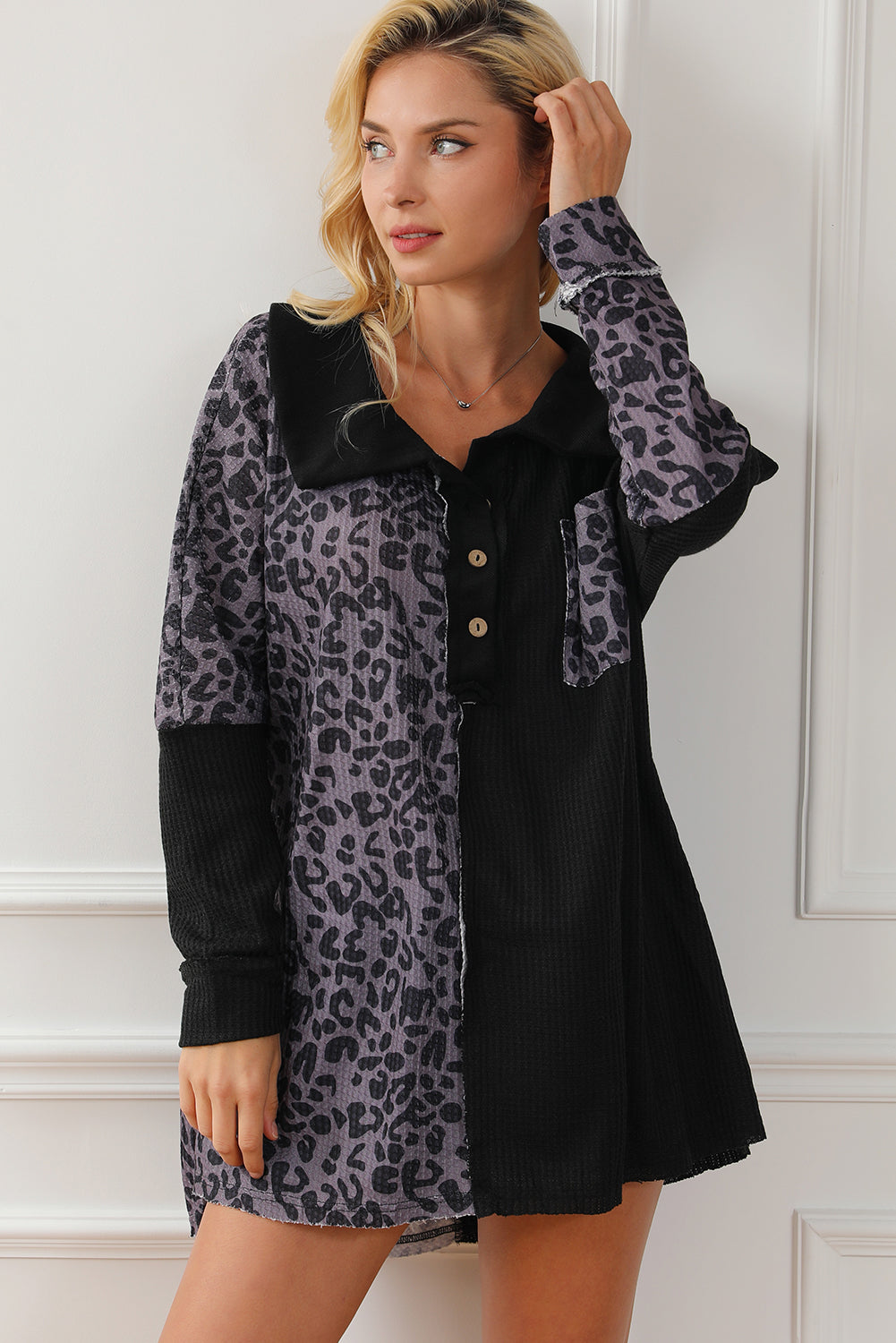 Half Button Leopard Collared Neck Blouse