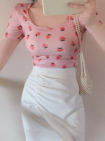 Fruit Print Square Neck Slim Fit T-Shirt