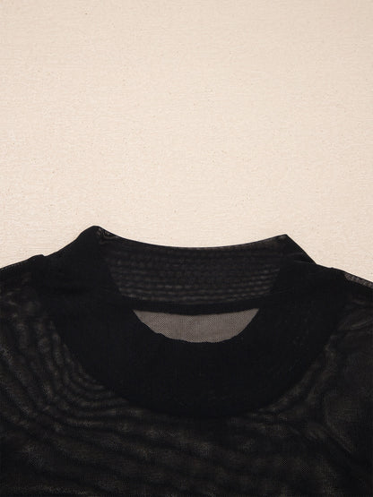 Sheer Mesh Patchwork Cap Sleeve T Shirt