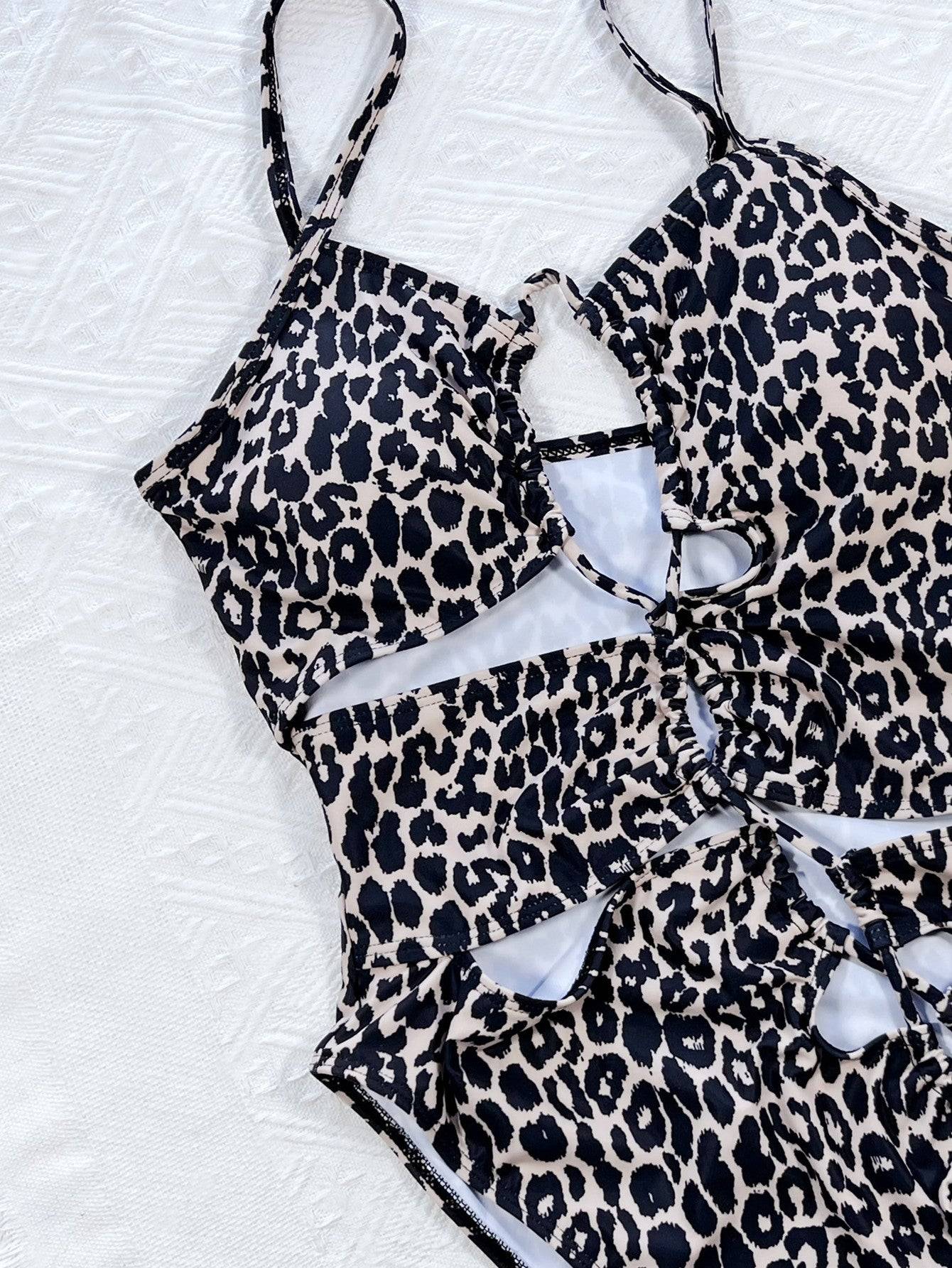 Close-up of leopard cutout tied swimsuit details