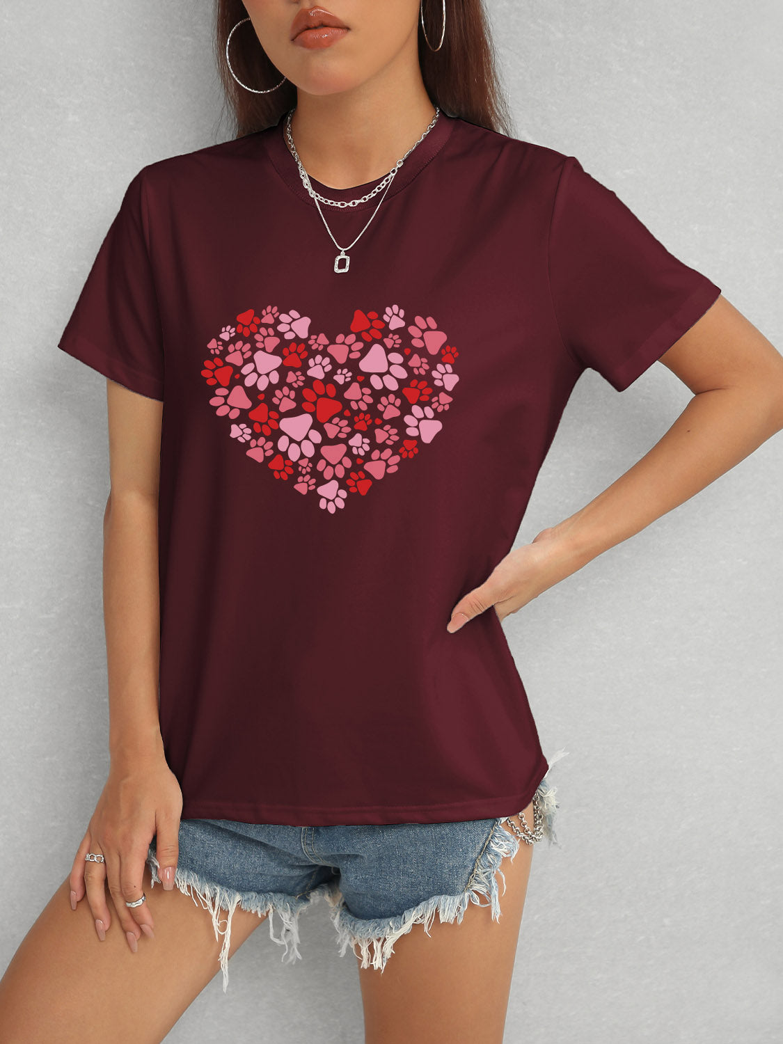 Heart Round Neck Short Sleeve T-Shirt