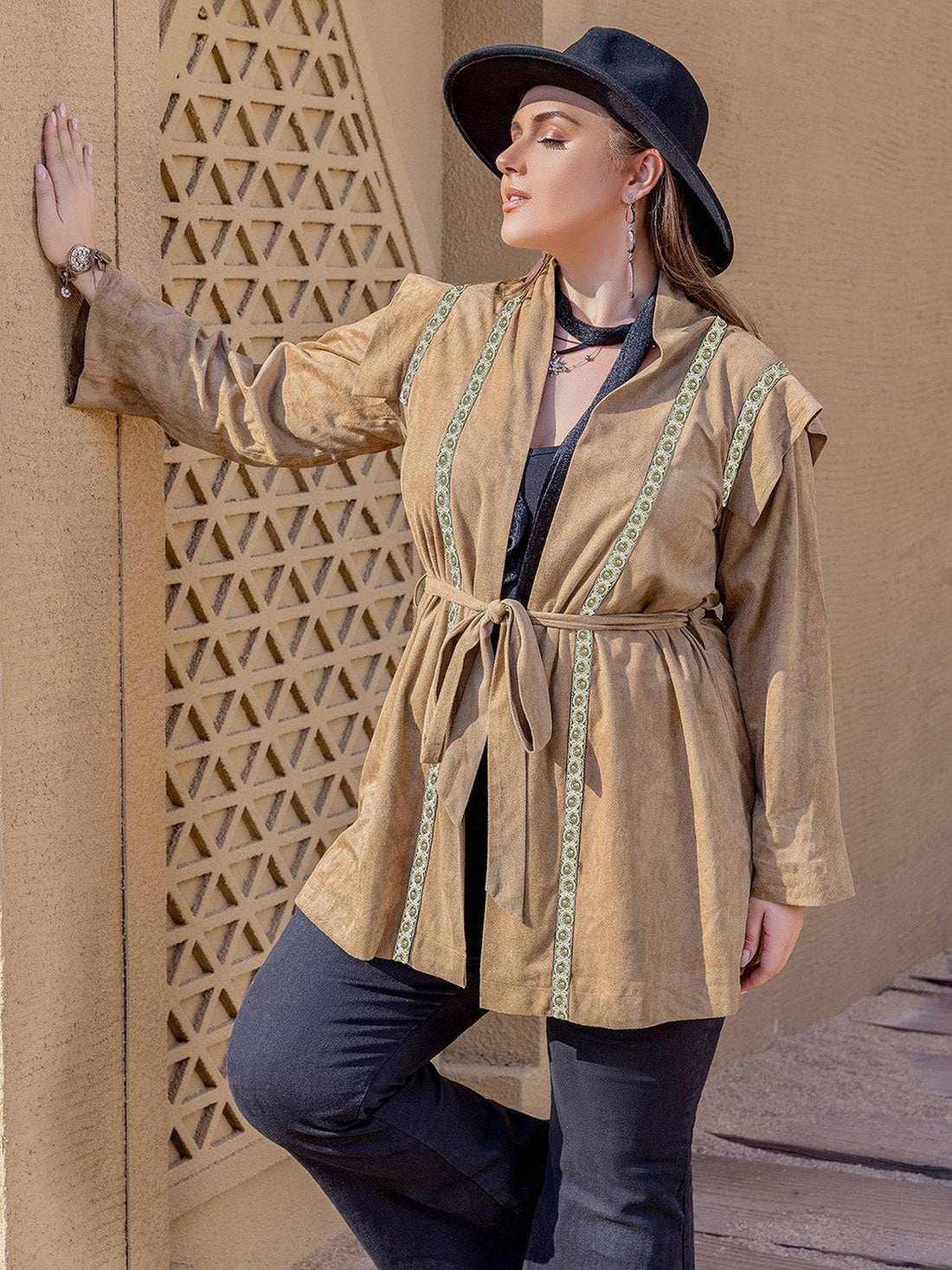 Plus size long sleeve tie waist cardigan, front view