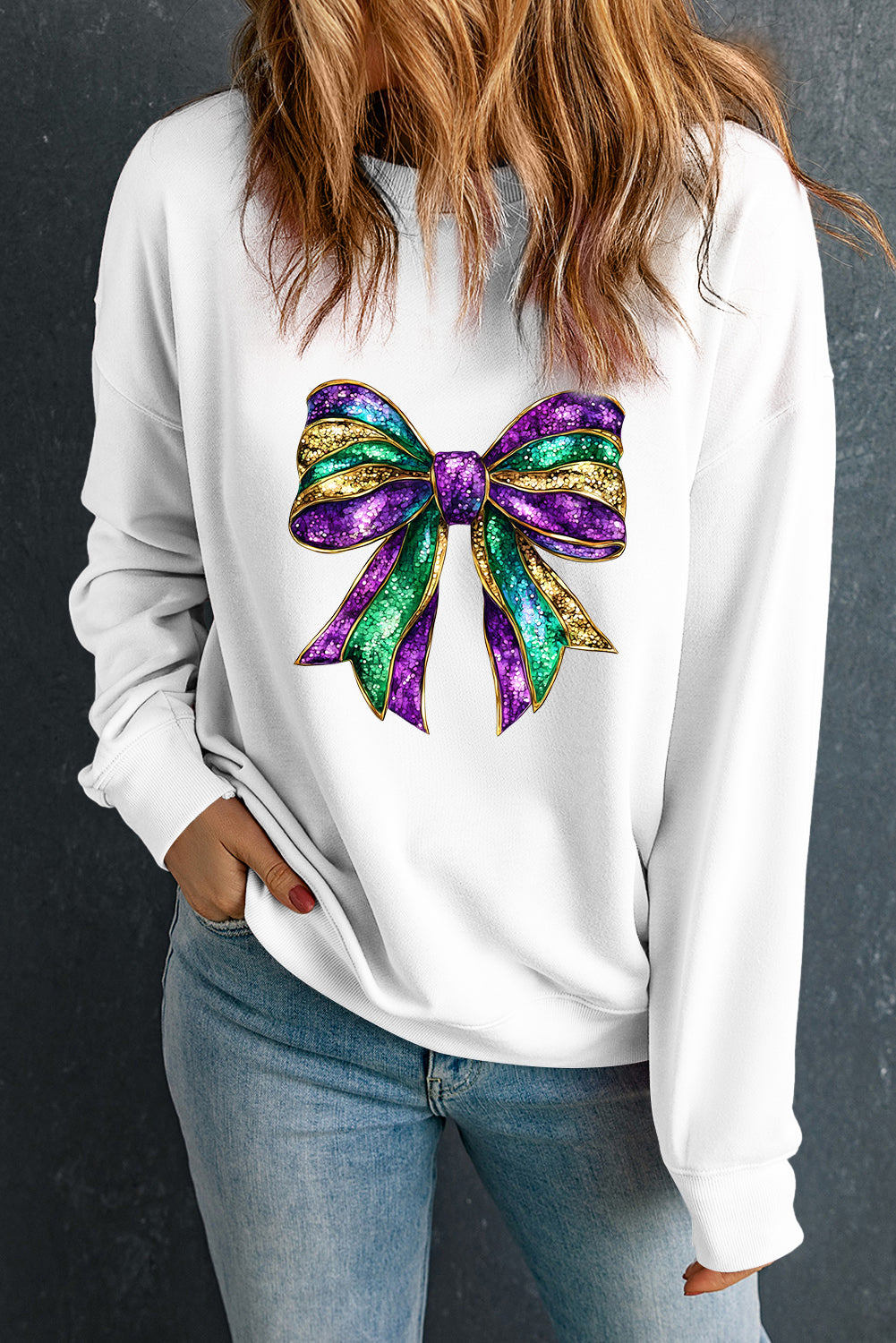 Bow Round Neck Long Sleeve Sweatshirt