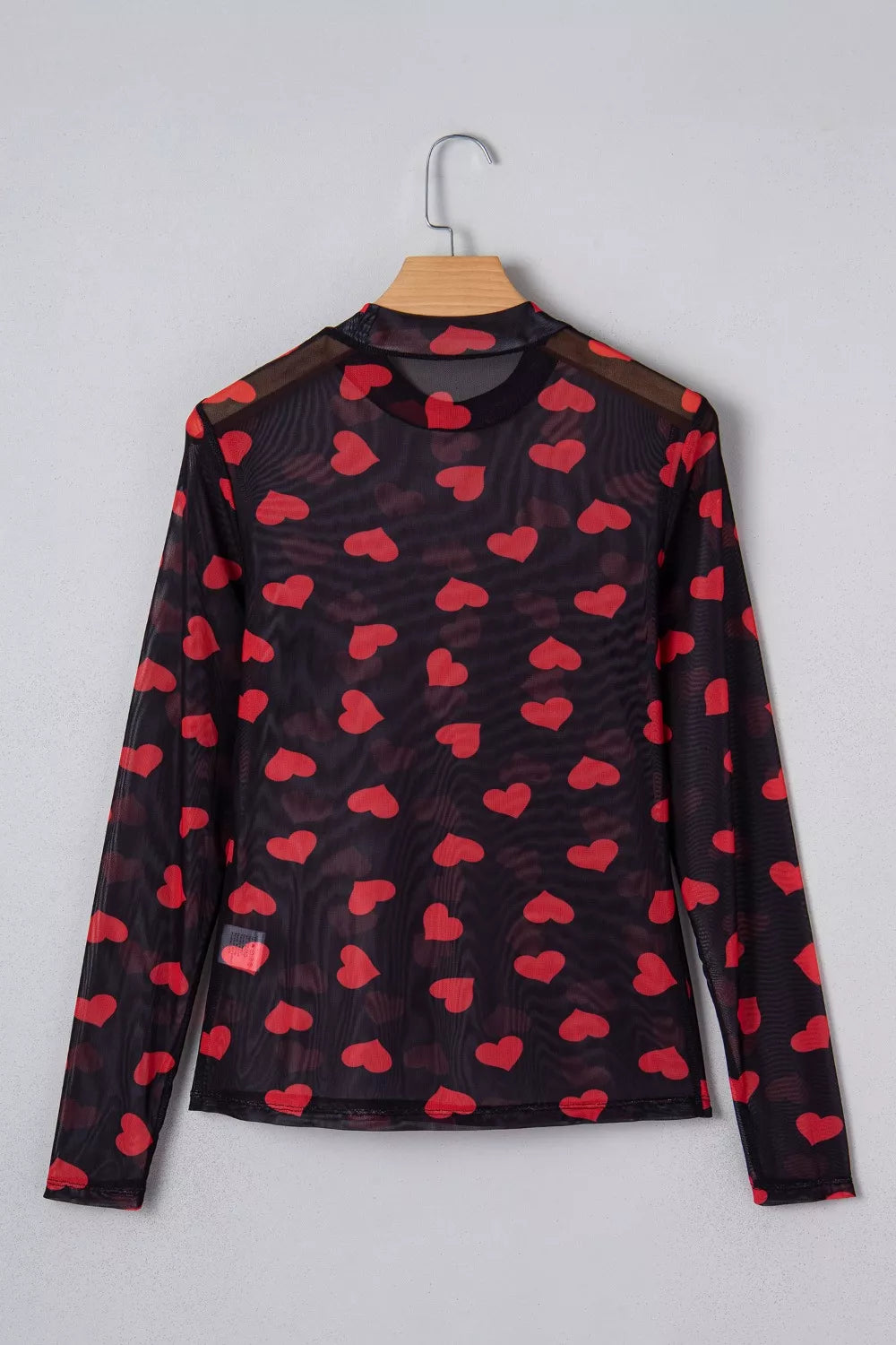 Valentines Heart Printed Sheer Mesh Long Sleeve Top