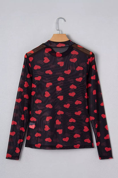 Valentines Heart Printed Sheer Mesh Long Sleeve Top