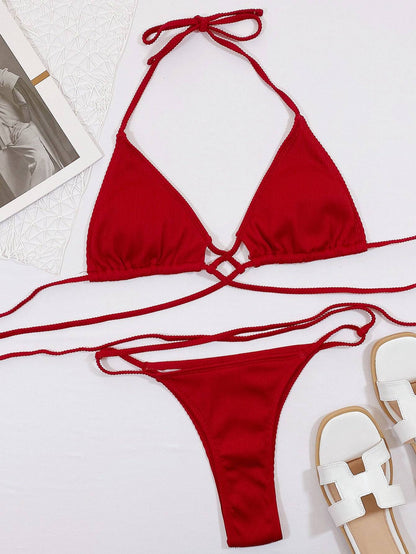 Front view of red crisscross ribbed bikini set