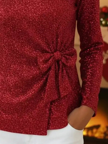 Full Size Sequin Bow-Knot Long Sleeve Top Plus Size