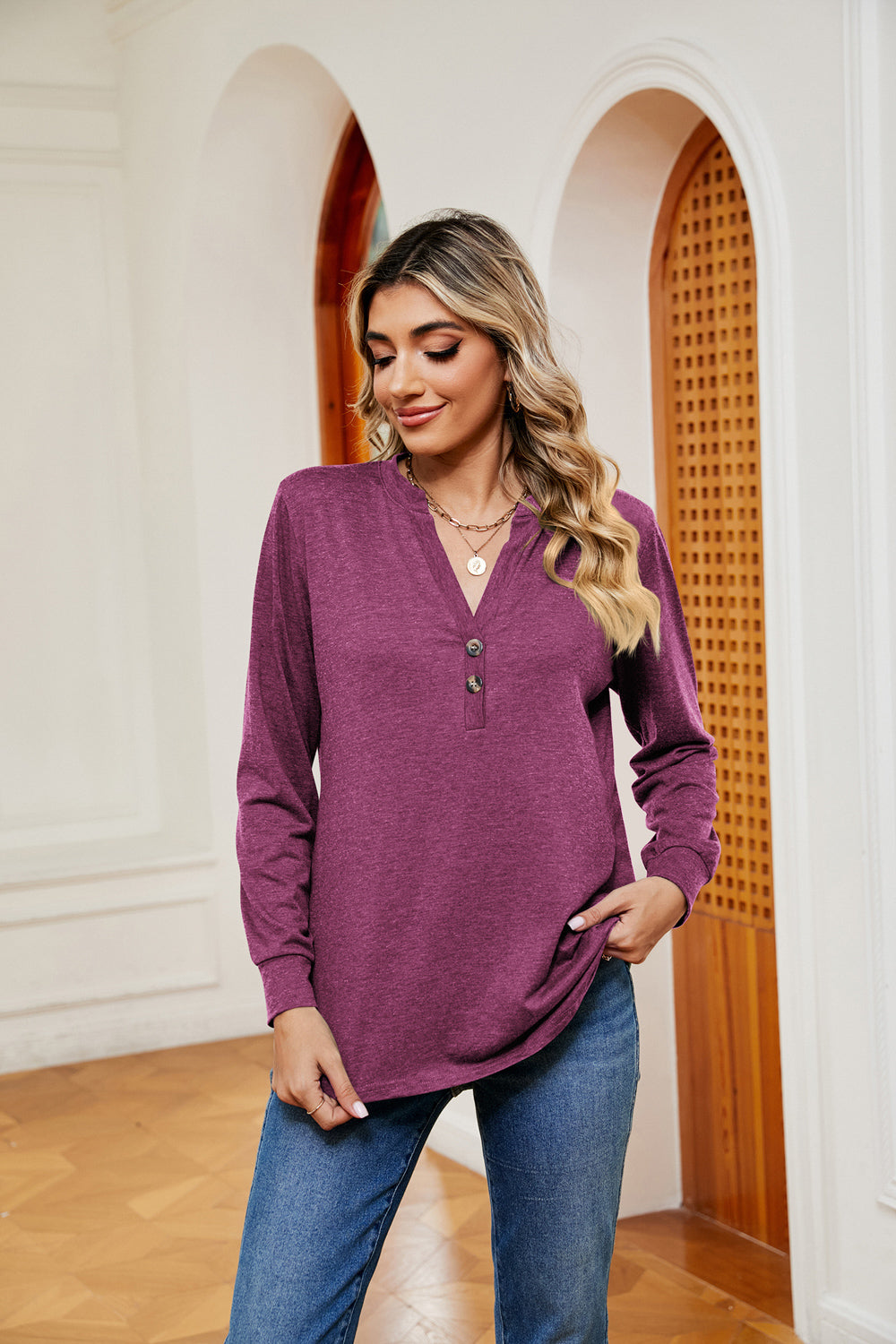 Buttoned Notched Neck Long Sleeve Top