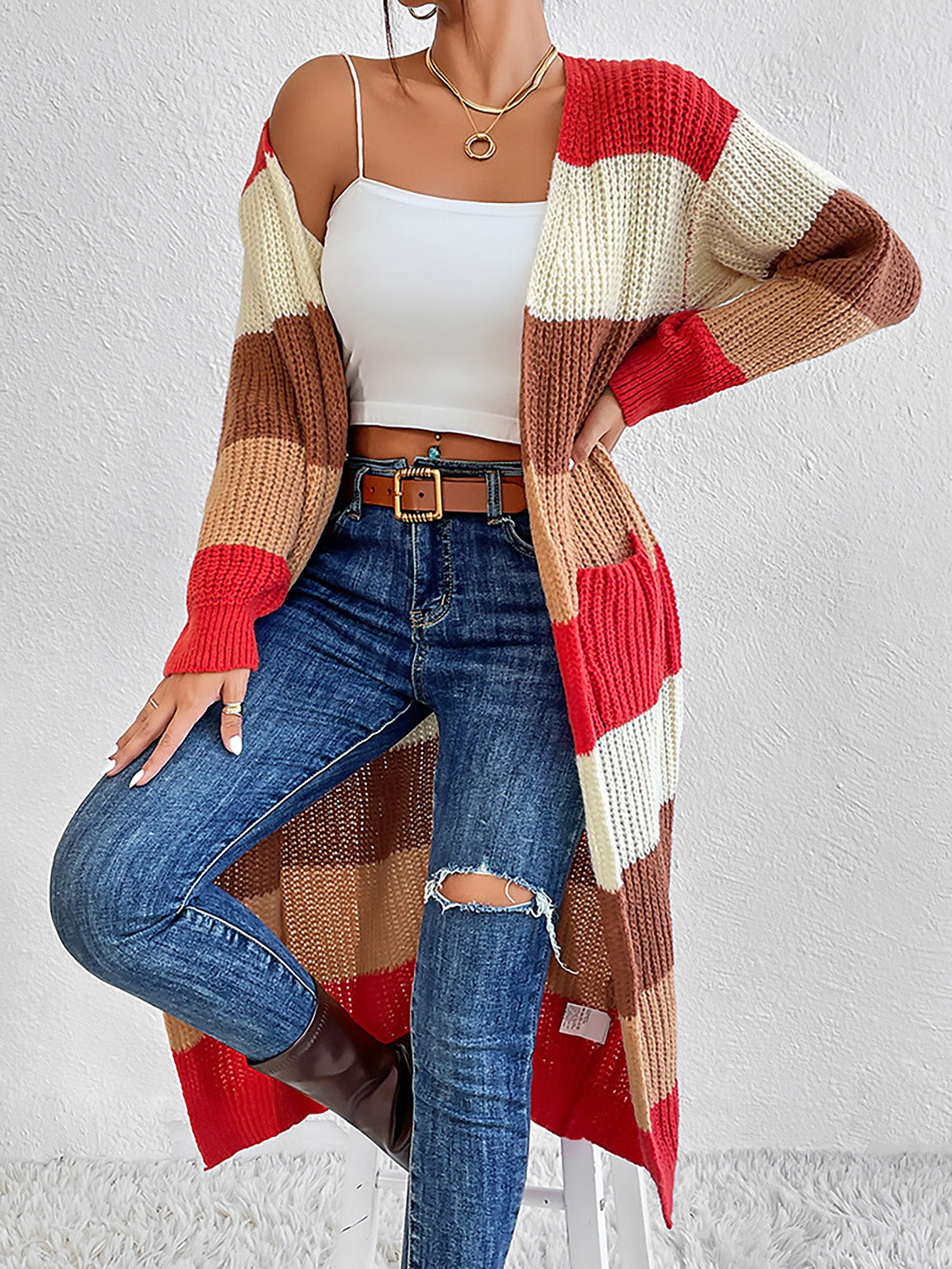 Color Block Open Front Longline Cardigan