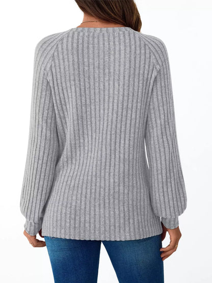 Ribbed Knit Decor Button Long Sleeve T-Shirt