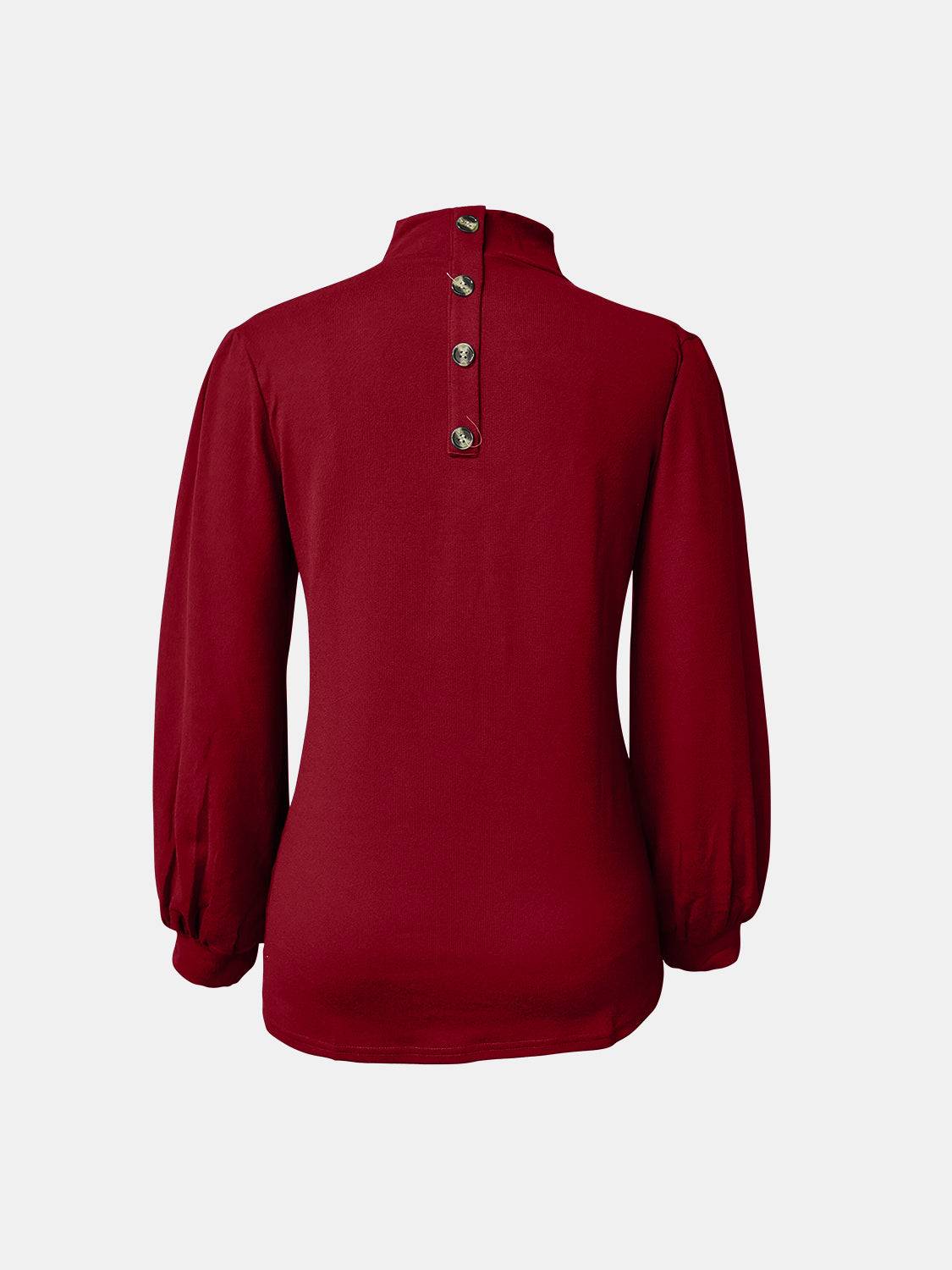 Red full size mock neck long sleeve t-shirt, back view